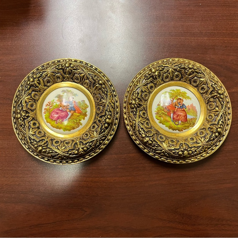 Limoges Fragonard Courting Couple Porcelain Insert Ornate Brass Plaques Pair